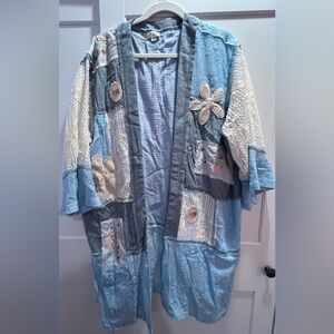 NWOT POL Blue and White Patchwork Lace Jacket kimono